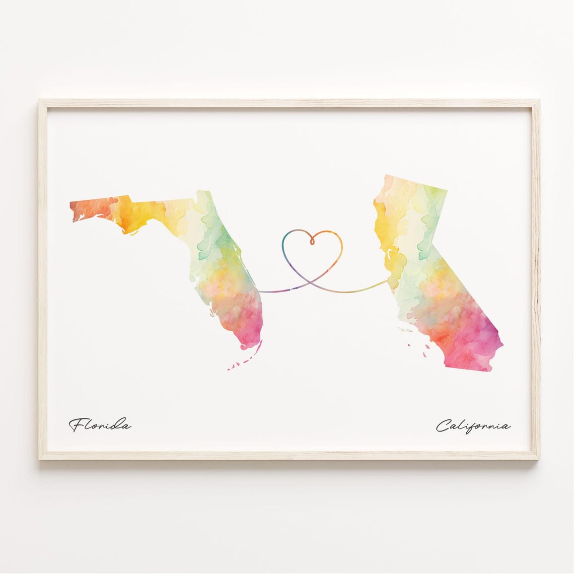 Florida to California Watercolor Heart Map Romantic Love Print