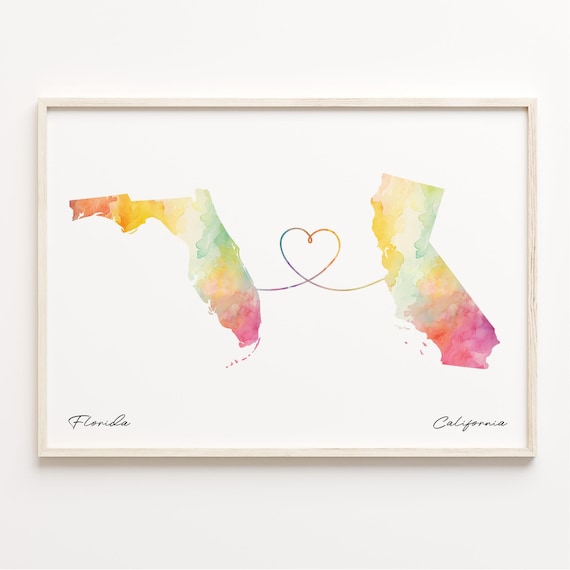 Florida to California Watercolor Heart Map Romantic Love Print