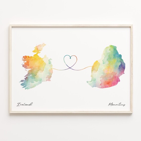 Ireland to Mauritius Long Distance Love Watercolor Map Wall Art
