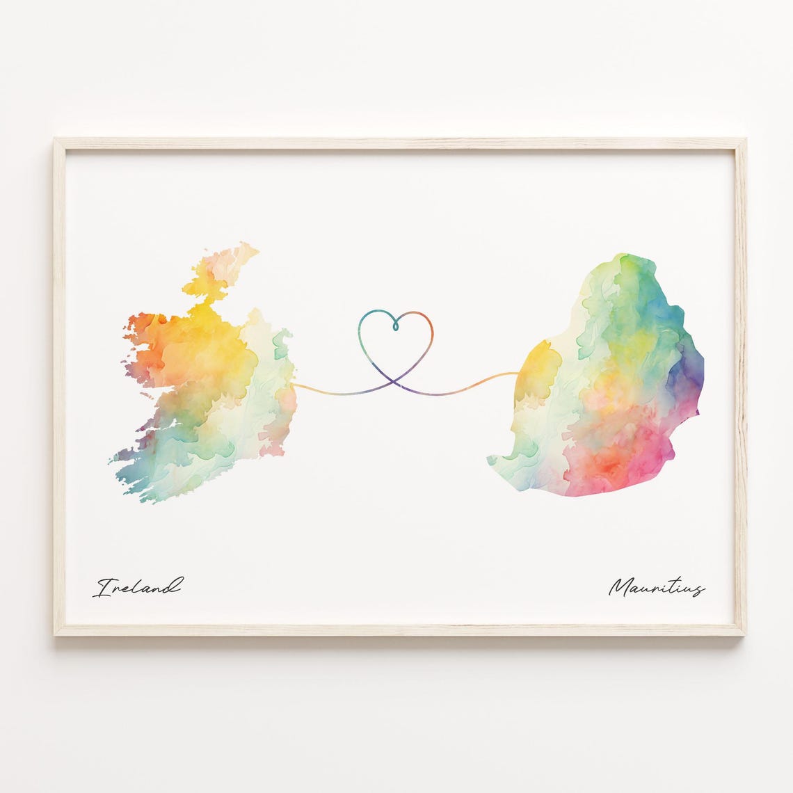 Ireland to Mauritius Long Distance Love Watercolor Map Wall Art