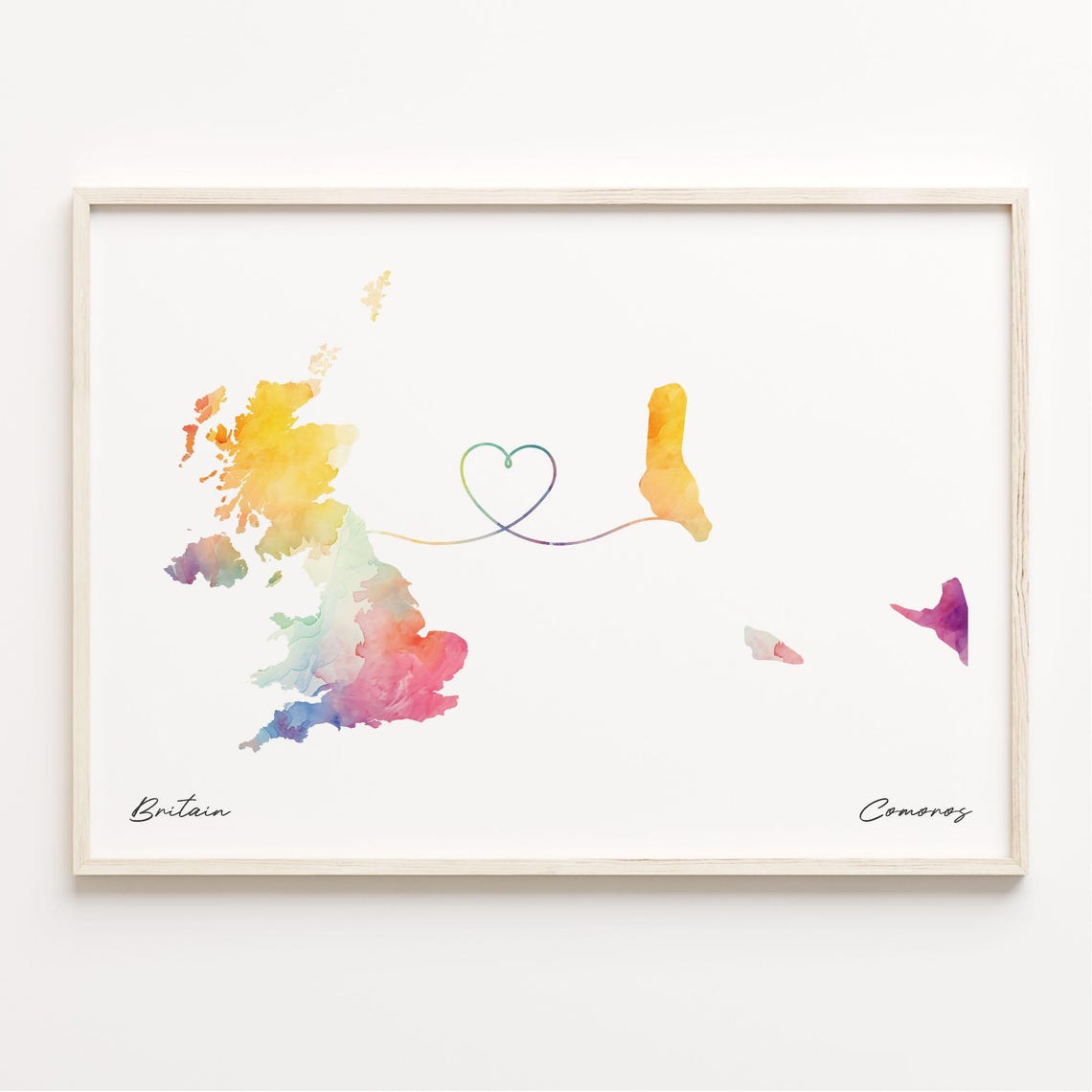 Britain To Comoros Watercolor Map Heart Long Distance Love Poster