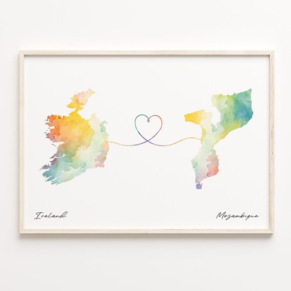 Ireland to Mozambique Heart Map Long Distance Love Art Print