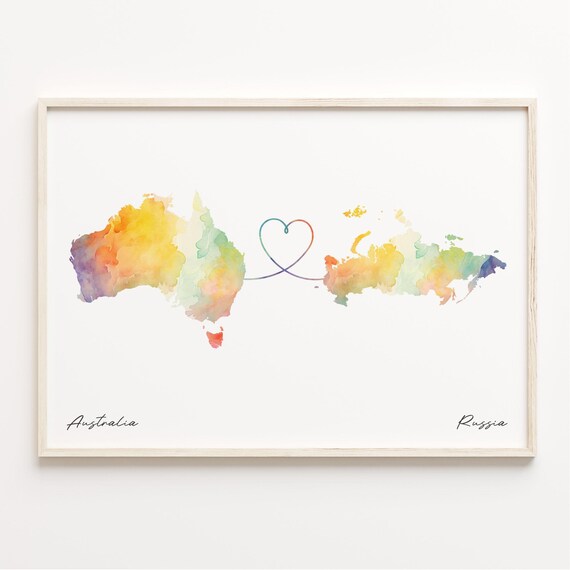 Australia to Russia Watercolor Map Heart Long Distance Gift Poster