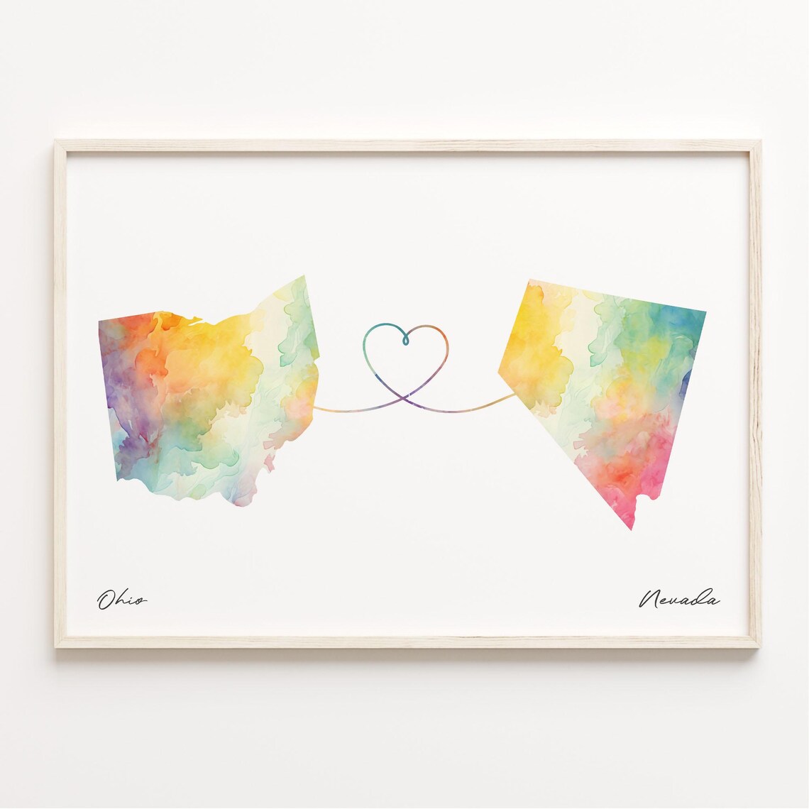 Ohio To Nevada Watercolor Map Heart Long Distance Love Poster