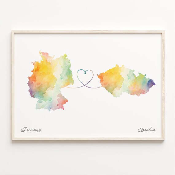 Germany to Czechia Watercolor Long Distance Love Map Art Poster