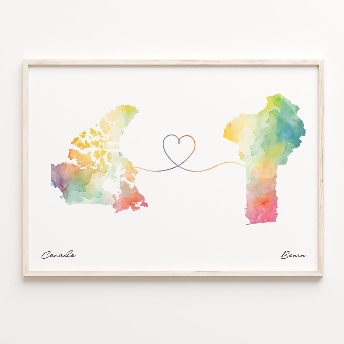 Canada to Benin Watercolor Heart Map Long Distance Love Poster