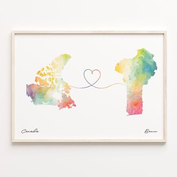 Canada to Benin Watercolor Heart Map Long Distance Love Poster