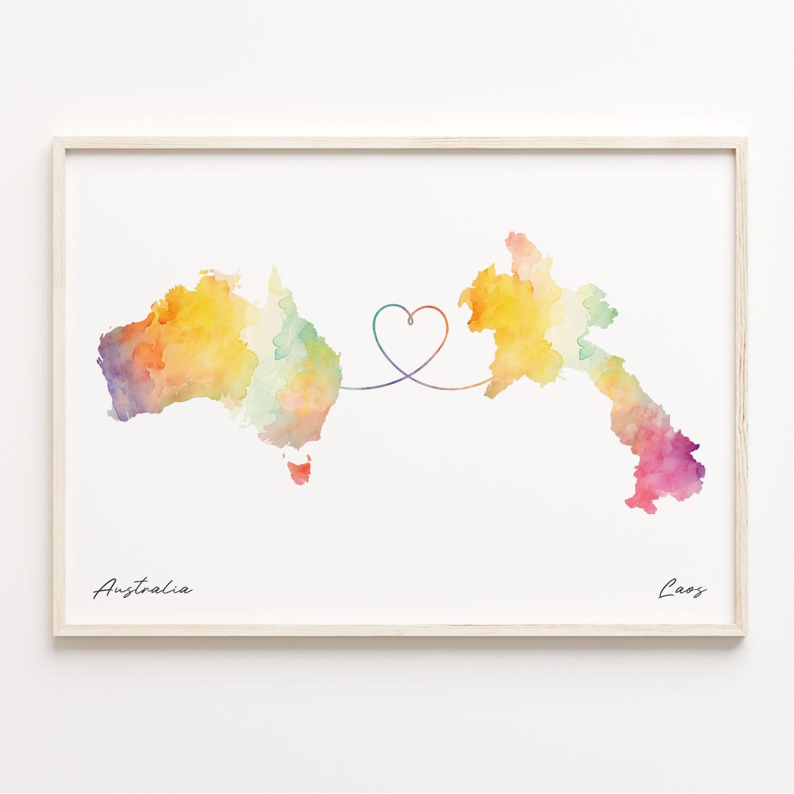 Australia To Laos Watercolor Heart Map Connection Travel Poster