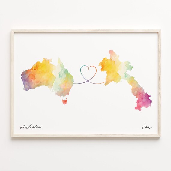 Australia To Laos Watercolor Heart Map Connection Travel Poster