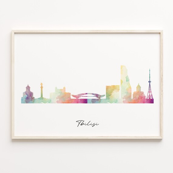 Tbilisi Georgia Watercolor Skyline Cityscape Rainbow Silhouette Poster