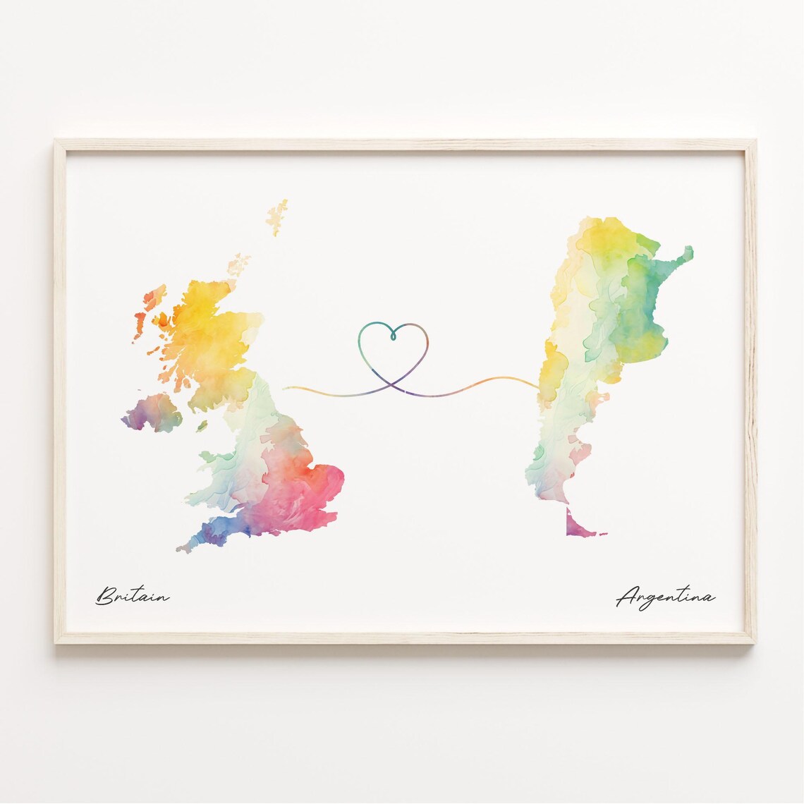 Britain to Argentina Watercolor Map Long Distance Love Heart Gift Poster