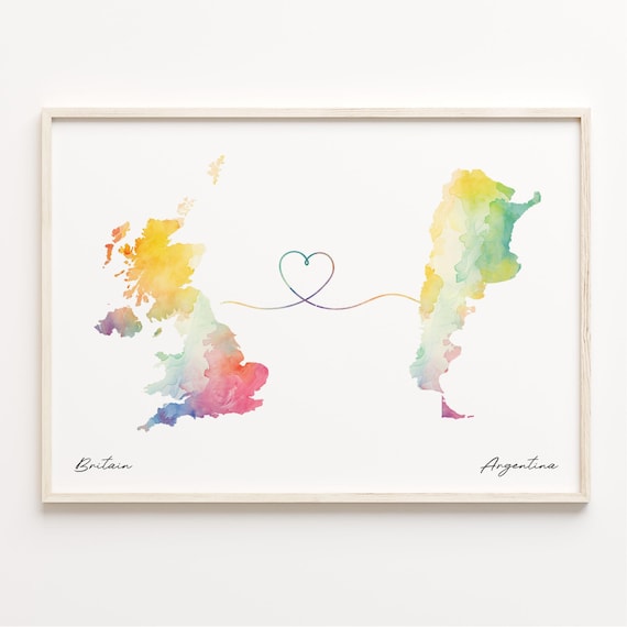 Britain to Argentina Watercolor Map Long Distance Love Heart Gift Poster