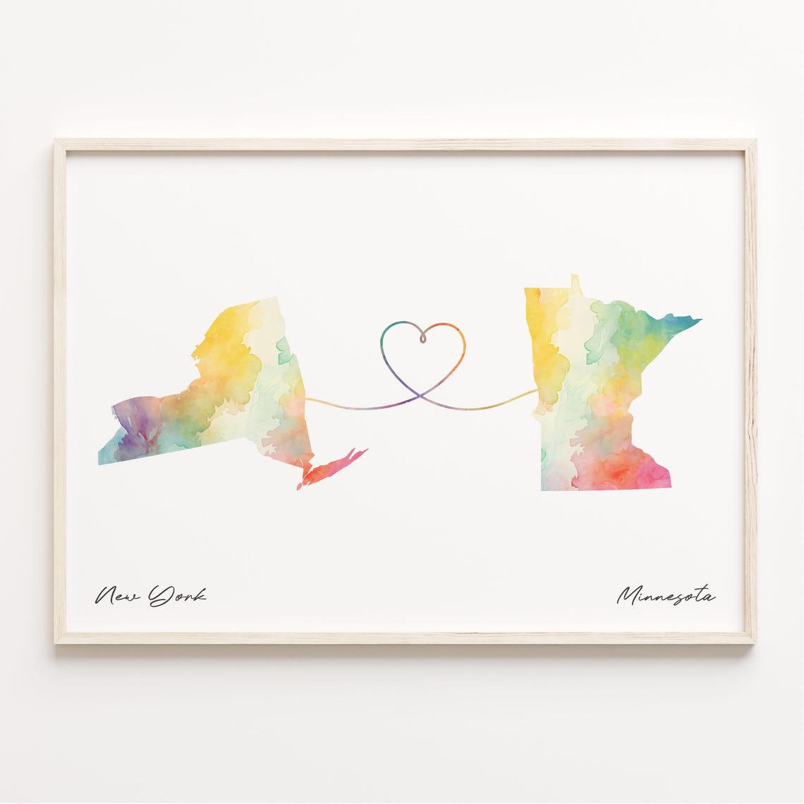 New York To Minnesota Watercolor Map Heart Connection Poster