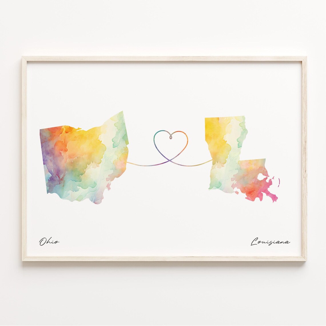 Ohio To Louisiana Watercolor Heart Map Long Distance Love Poster