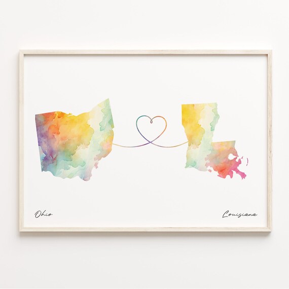Ohio To Louisiana Watercolor Heart Map Long Distance Love Poster