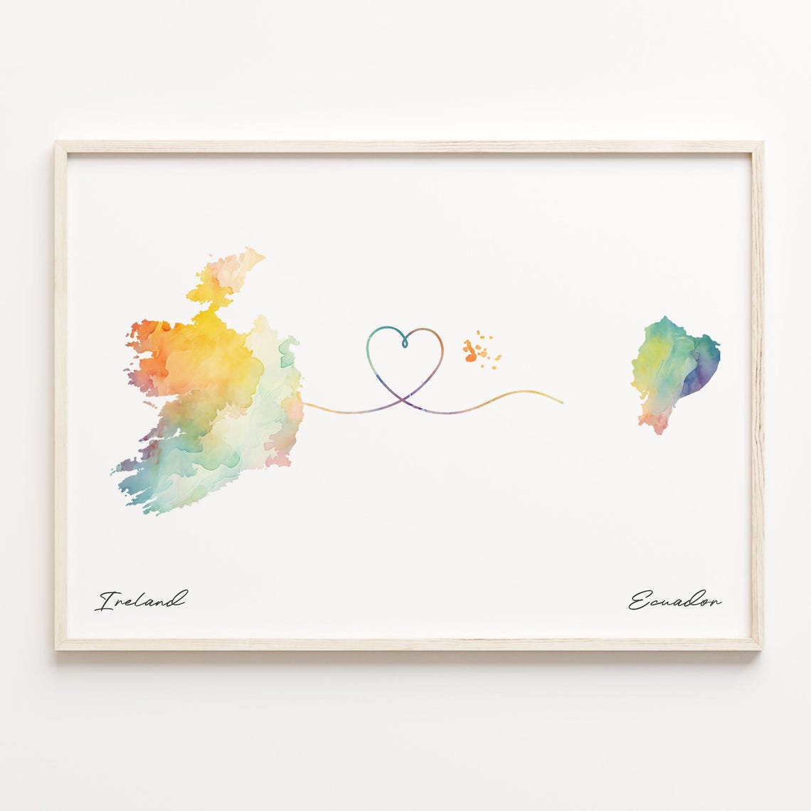 Ireland to Ecuador Watercolor Heart Map Long Distance Love Print
