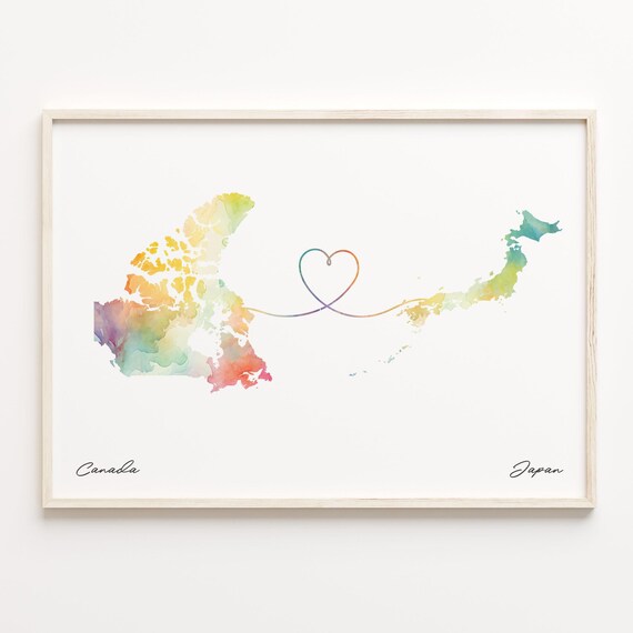 Canada to Japan Watercolor Map Print Heart Long Distance Love Travel