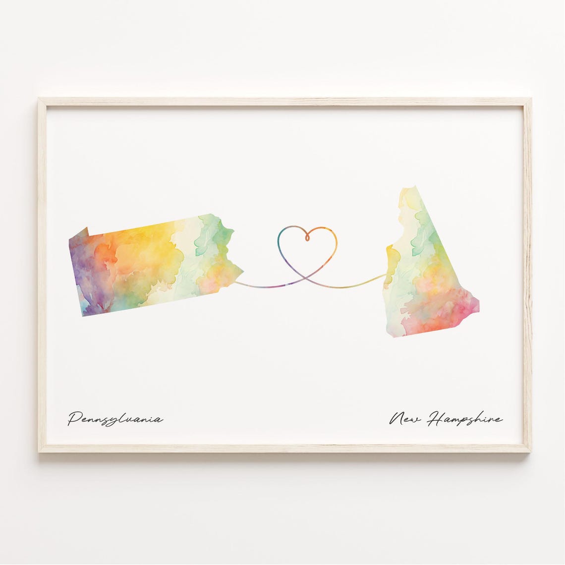 Pennsylvania and New Hampshire Watercolor Map Heart Connection Poster