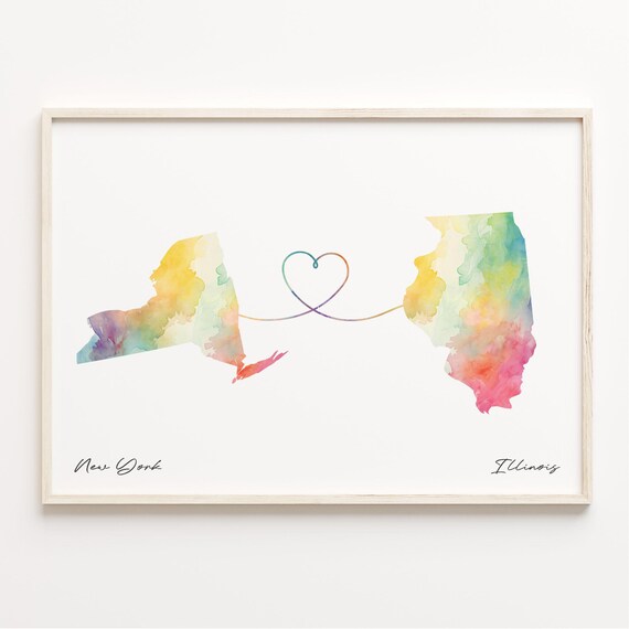 New York To Illinois Watercolor Map With Heart Connection Poster