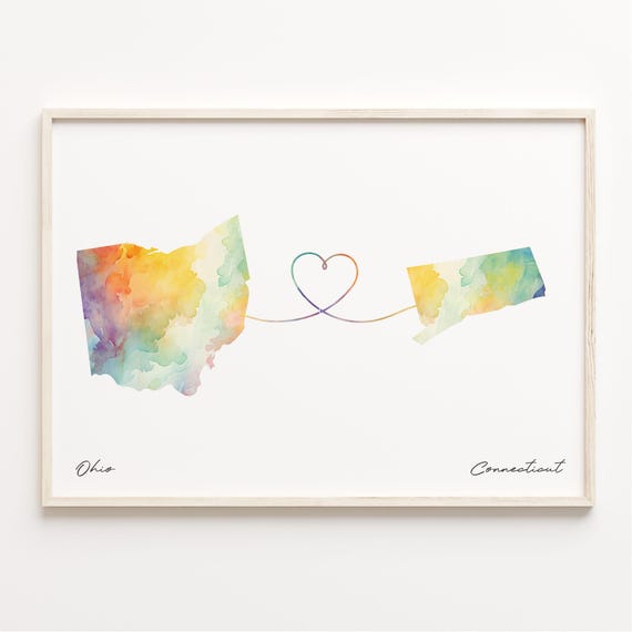 Ohio To Connecticut Print Watercolor Map Poster Connecticuter Gift Travel Wall Art Overseas Love C231513