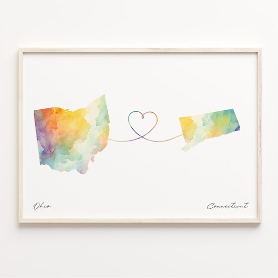 Ohio To Connecticut Watercolor Map Art With Heart Connection Poster