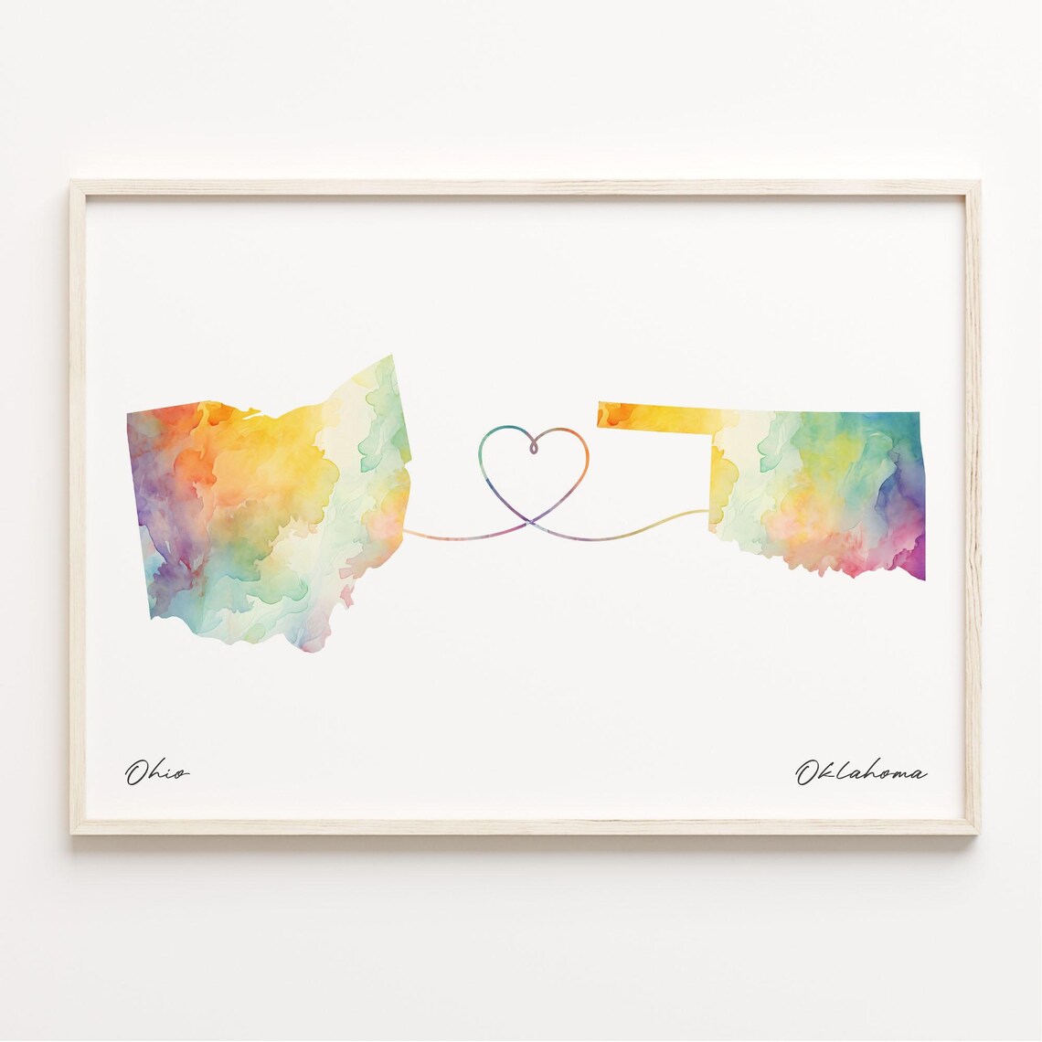 Ohio To Oklahoma Watercolor Map Heart Long Distance Love Poster