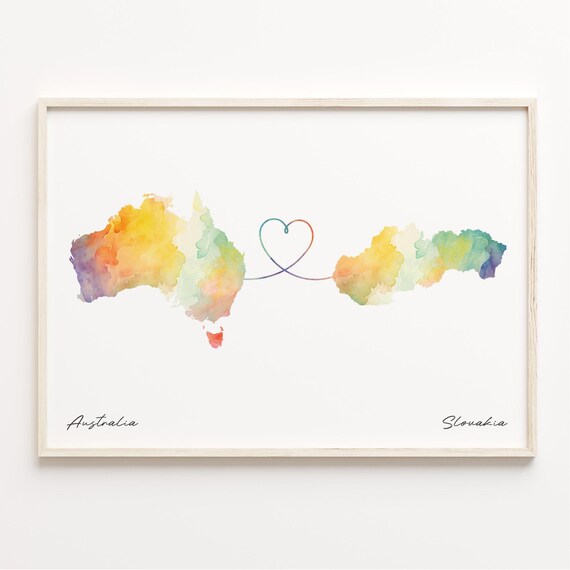 Australia To Slovakia Watercolor Map Heart Connection Gift Poster