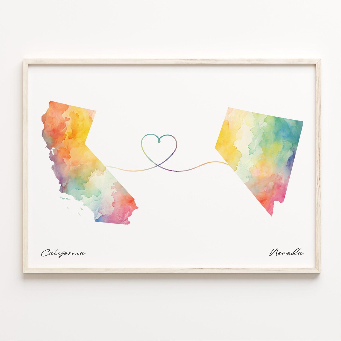 California to Nevada Watercolor Map Heart Print Long Distance Love