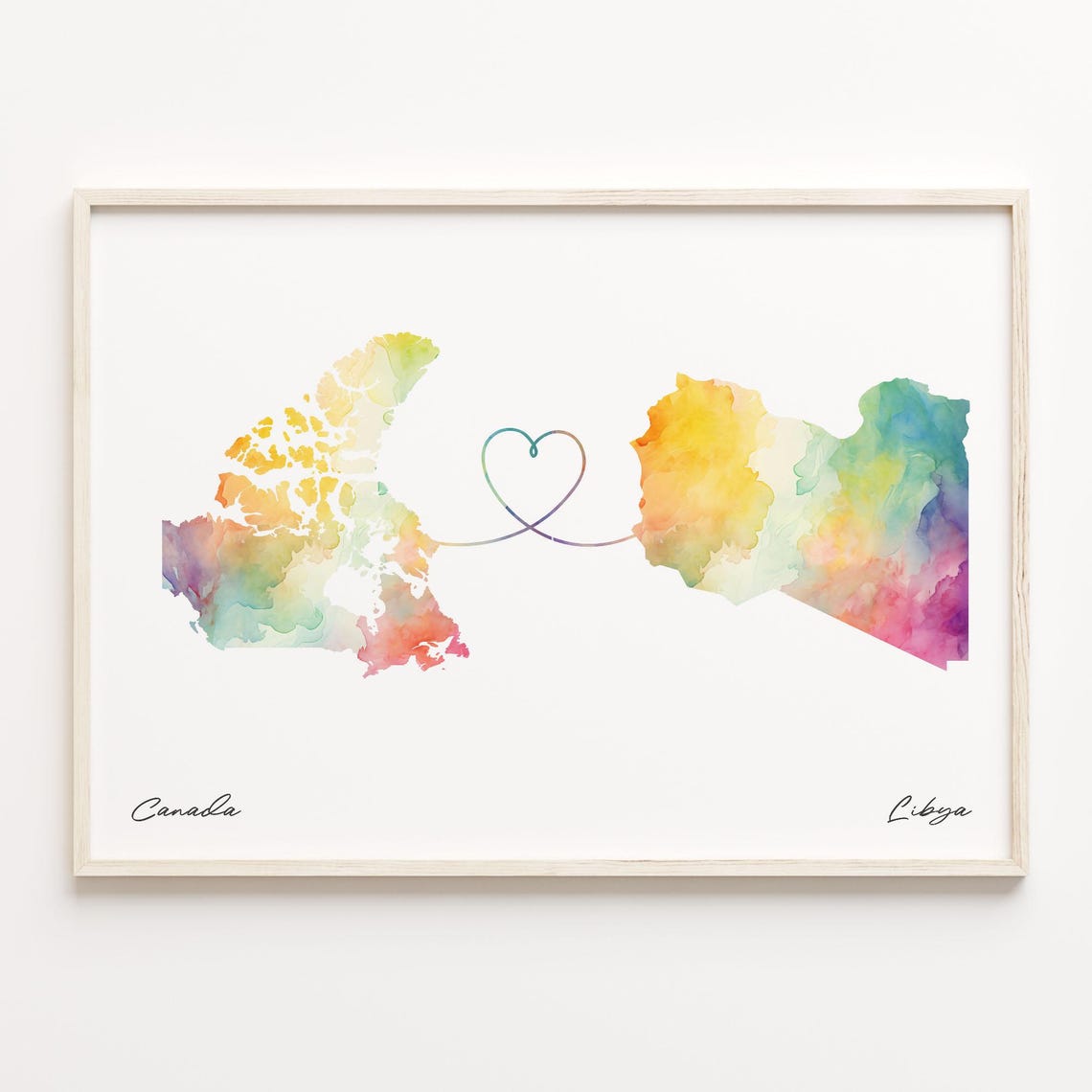 Canada To Libya Watercolor Map Linked By A Heart Line Poster