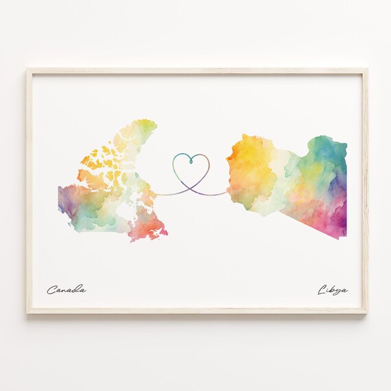 Canada To Libya Watercolor Map Linked By A Heart Line Poster