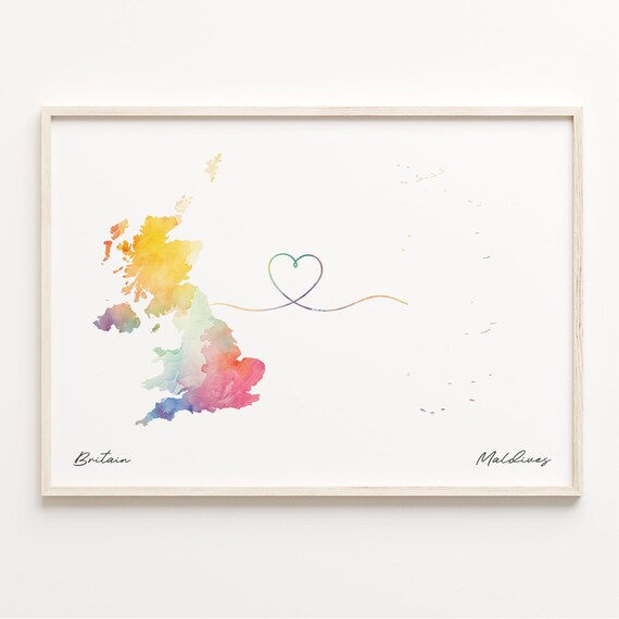 Britain to Maldives Watercolor Heart Connection Map Art Poster