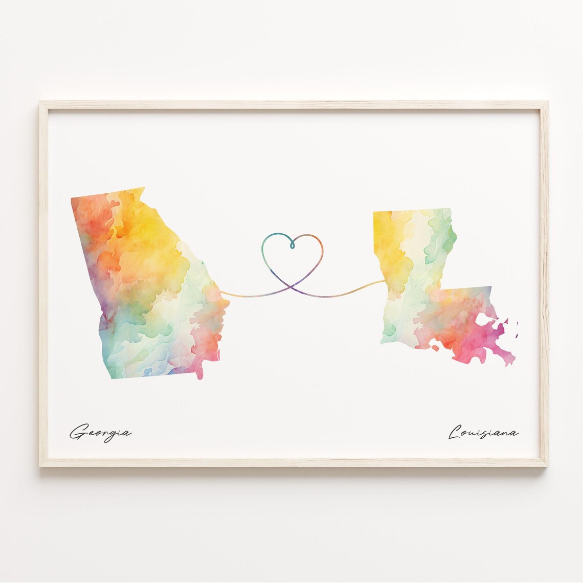 Georgia To Louisiana Watercolor Heart Map Long Distance Love Poster