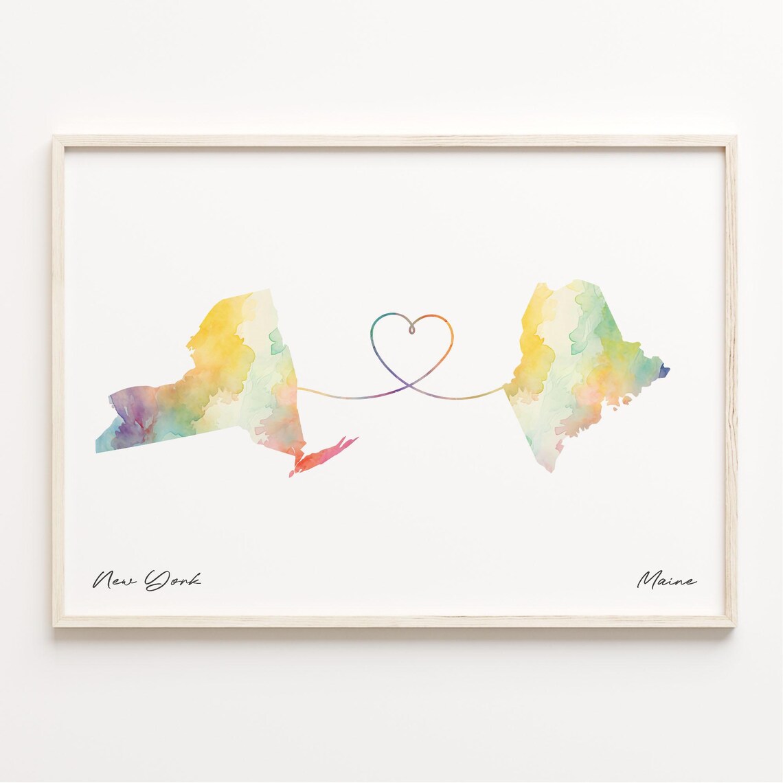 New York To Maine Watercolor Heart Map Long Distance Love Poster