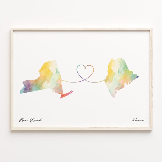 New York To Maine Watercolor Heart Map Long Distance Love Poster
