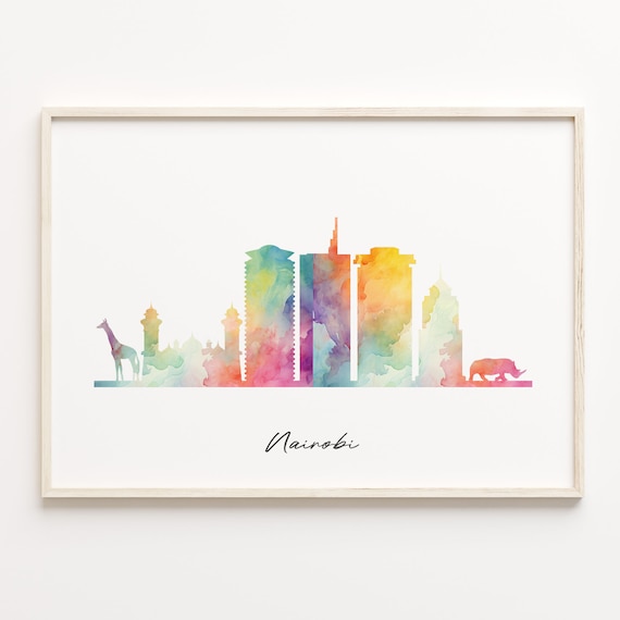Nairobi Kenya Watercolor Skyline Giraffe Rhino Safari City Art Poster
