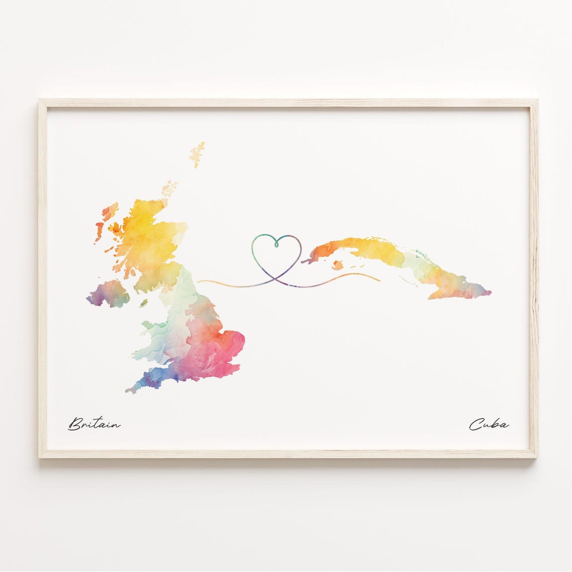 Britain to Cuba Watercolor Heart Map Long Distance Love Print