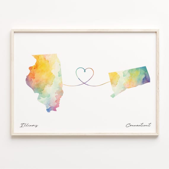 Illinois to Connecticut Watercolor Map Poster