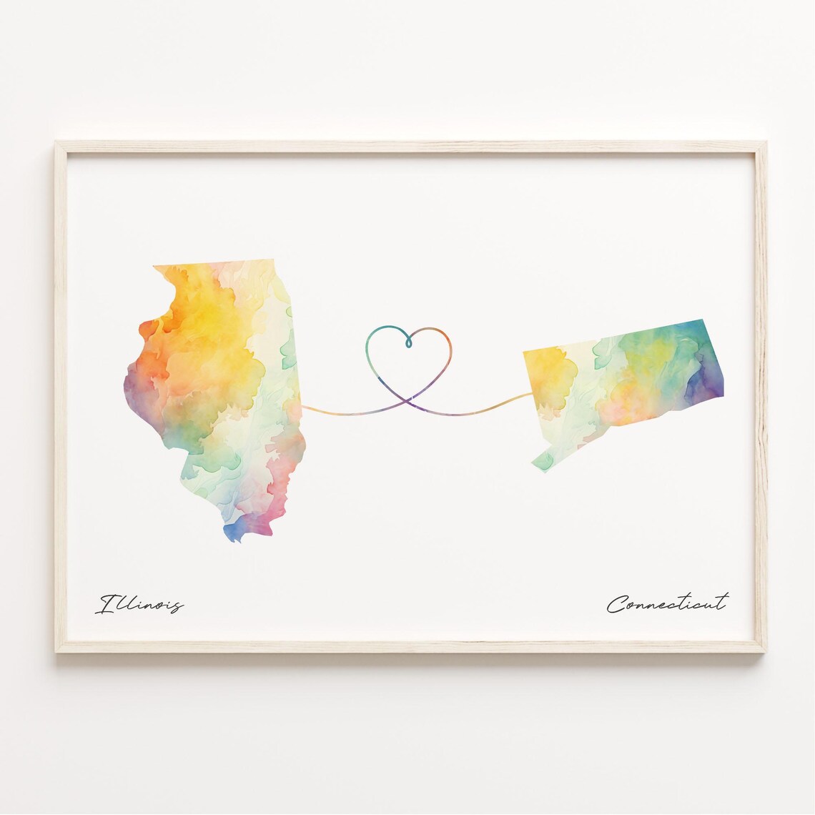 Illinois to Connecticut Watercolor Map Poster