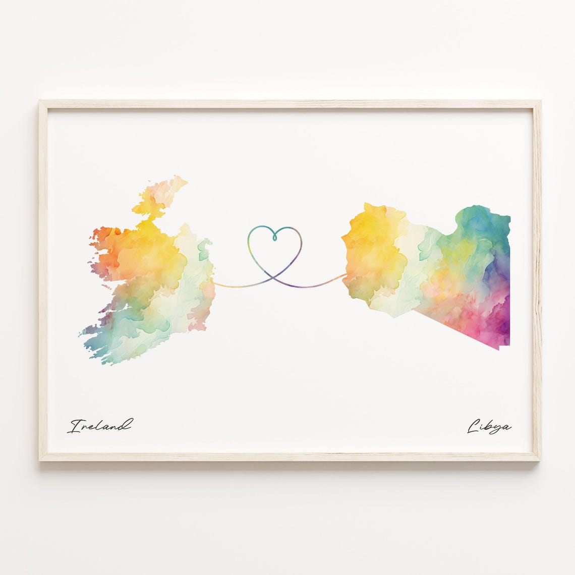 Ireland to Libya Watercolor Heart Map Love Connection Poster