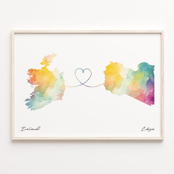 Ireland to Libya Watercolor Heart Map Love Connection Poster