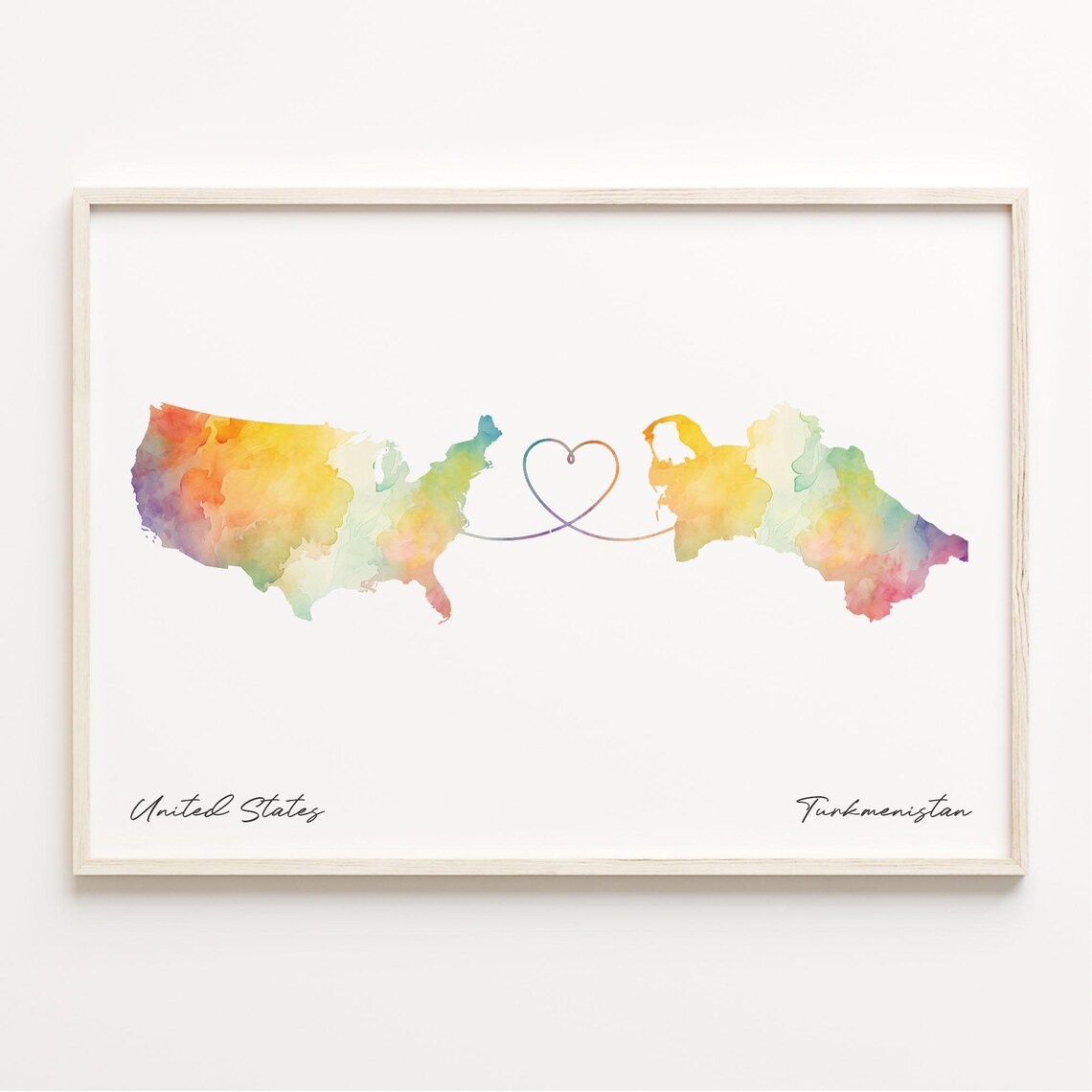 United States To Turkmenistan Watercolor Heart Map Long Distance Love Poster