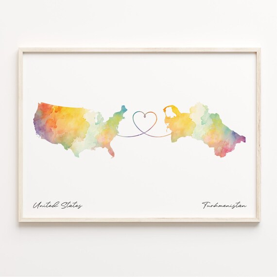 United States To Turkmenistan Watercolor Heart Map Long Distance Love Poster