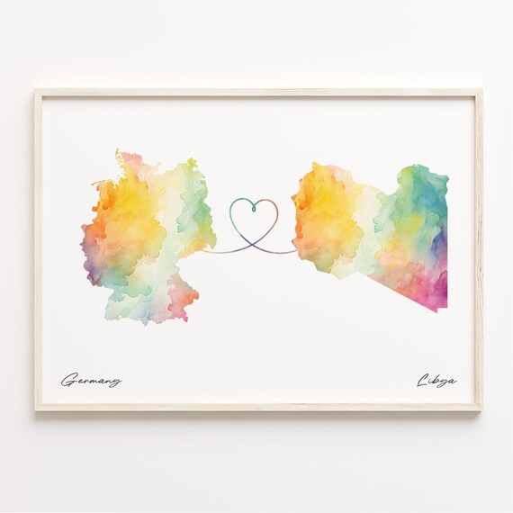 Germany To Libya Watercolor Map Linked By A Heart Line Poster