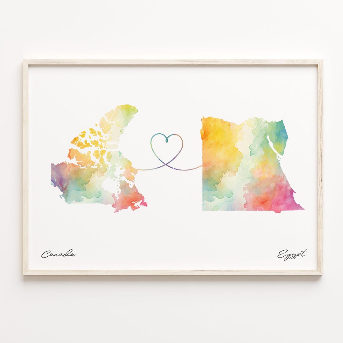 Sweet Canada To Egypt Watercolor Heart Connection Map Gift Print