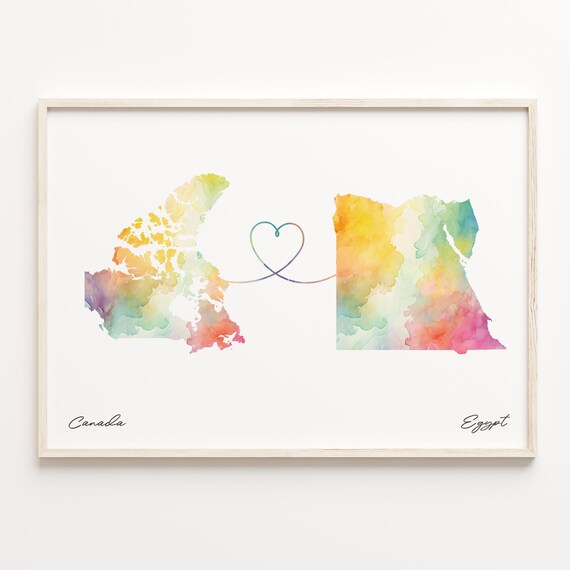 Sweet Canada To Egypt Watercolor Heart Connection Map Gift Print
