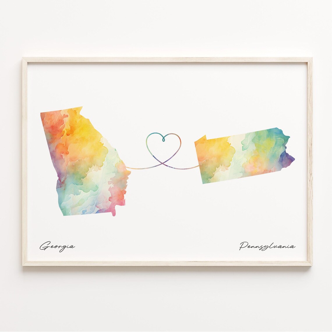 Georgia to Pennsylvania Watercolor State Map Heart Art Print