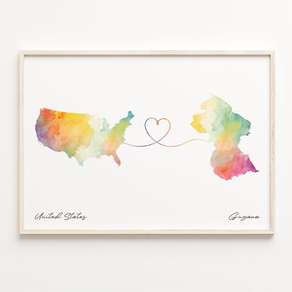 United States to Guyana Heart Line Watercolor Map Gift Poster
