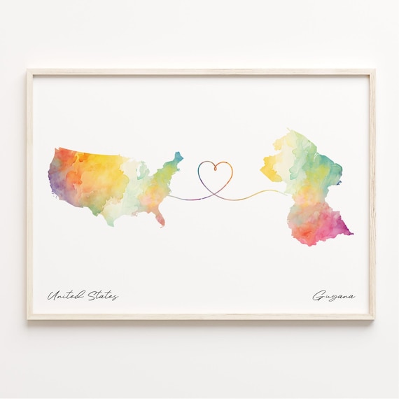 United States to Guyana Heart Line Watercolor Map Gift Poster