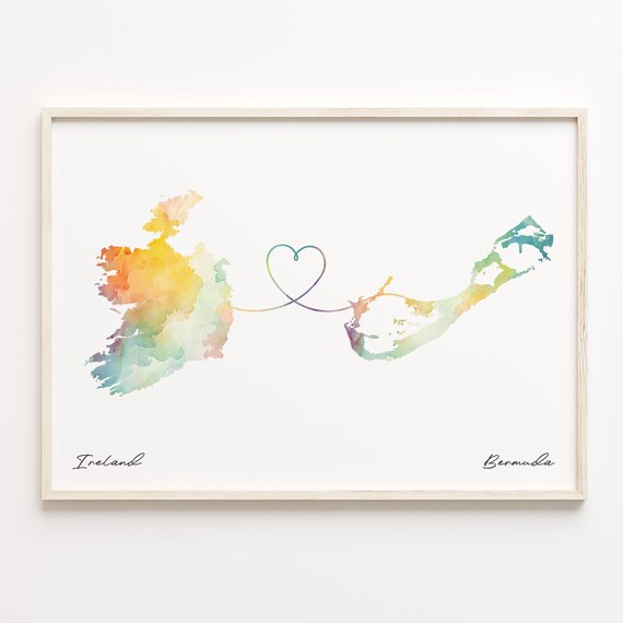 Ireland to Bermuda Watercolor Heart Map Love Connection Poster