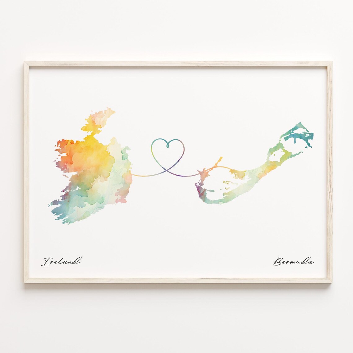 Ireland to Bermuda Watercolor Heart Map Love Connection Poster
